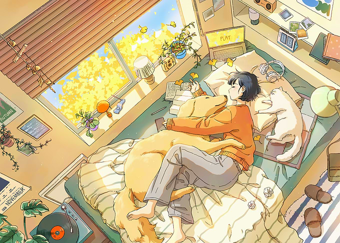 Cozy Autumn Day with Dog and Cat