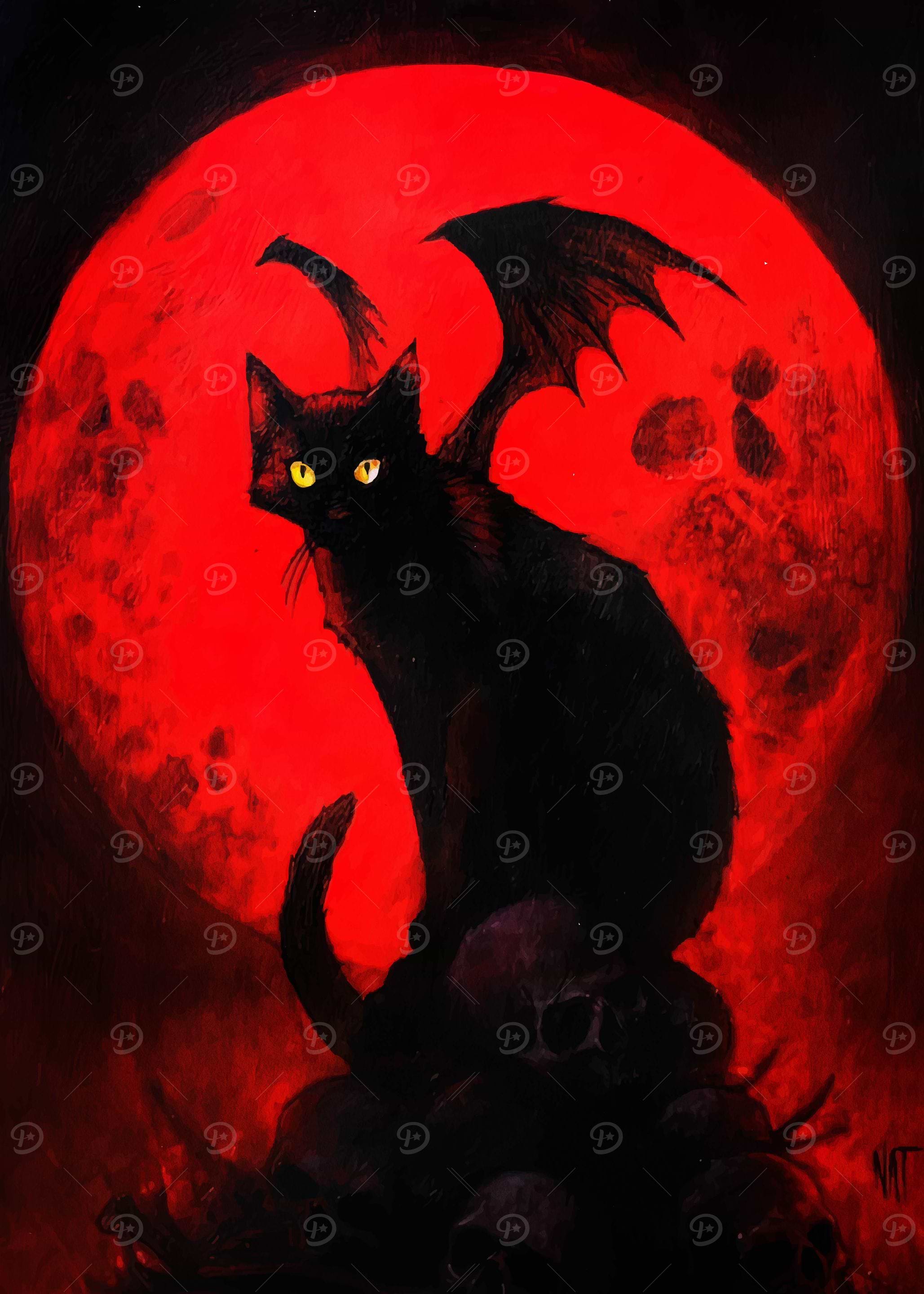 Winged Black Cat on Skulls