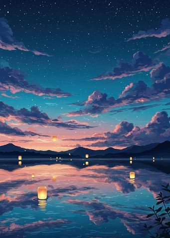 Serene Lake with Floating Lanterns at Dusk
