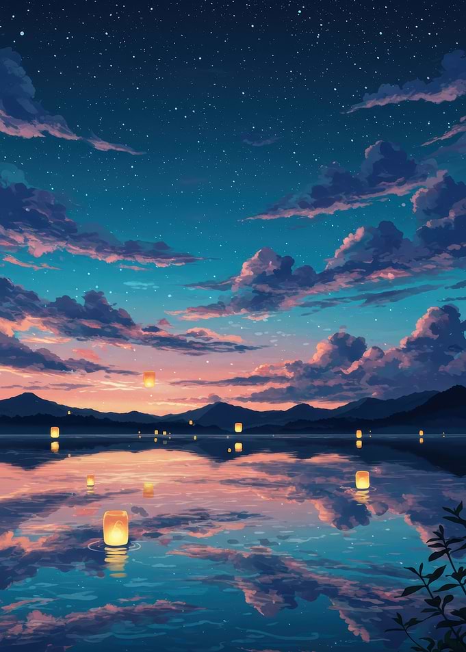 Serene Lake with Floating Lanterns at Dusk