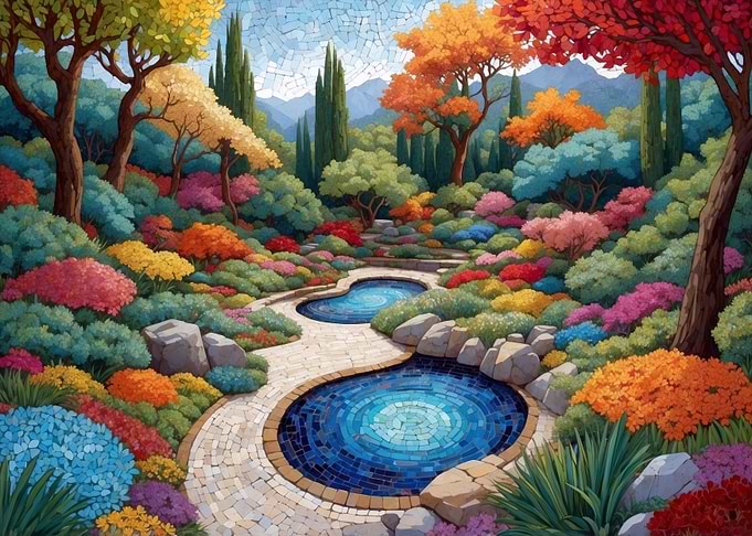 Colorful Garden with Mosaic Pools