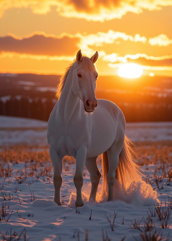 White Horse at Sunset in Snow