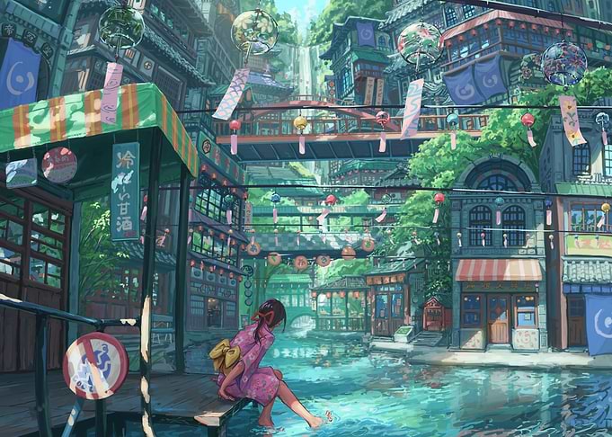 Japanese Town with Waterway and Kimono Girl