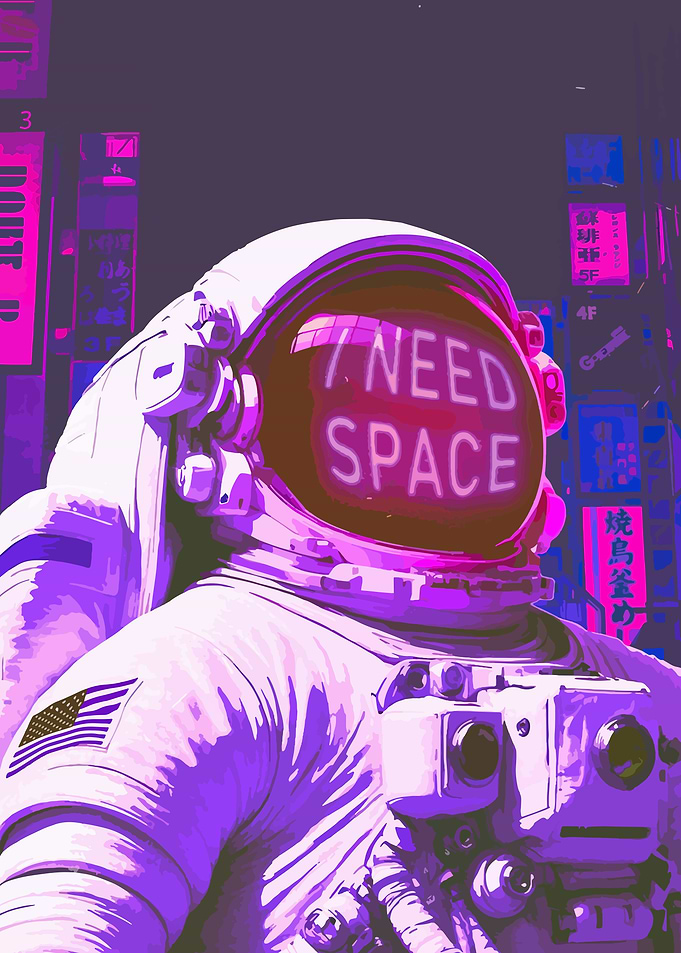 Astronaut in Cityscape with Neon Text