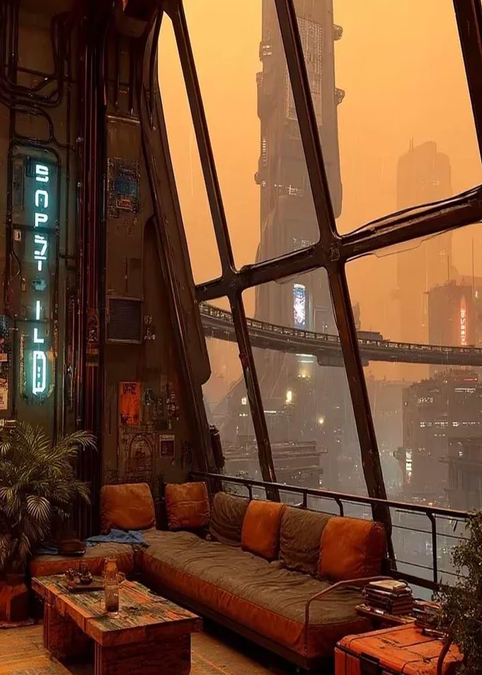 Cyberpunk Apartment Overlooking Futuristic Cityscape