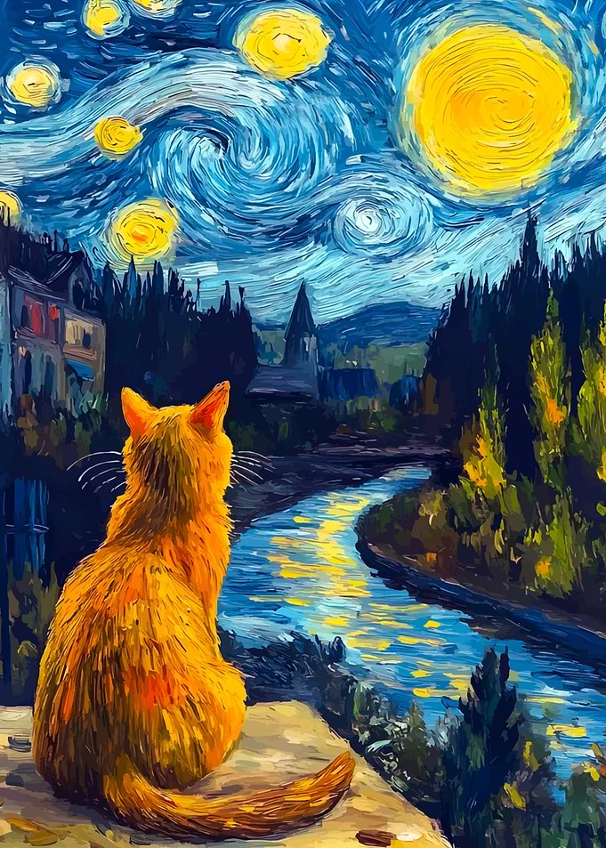 Cat gazing at Starry Night landscape