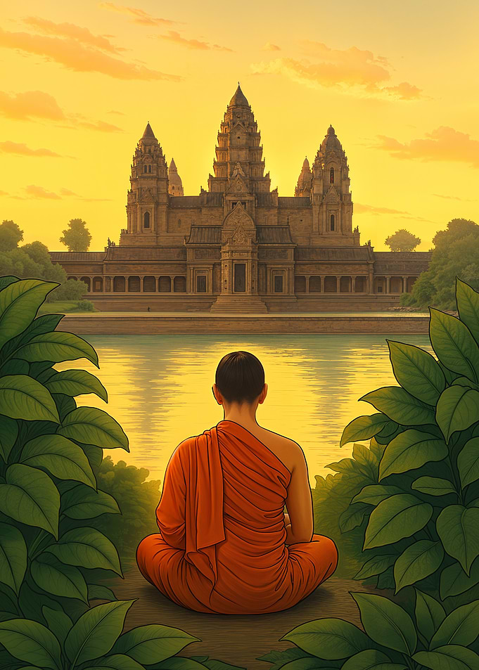 Monk Meditating at Angkor Wat Temple