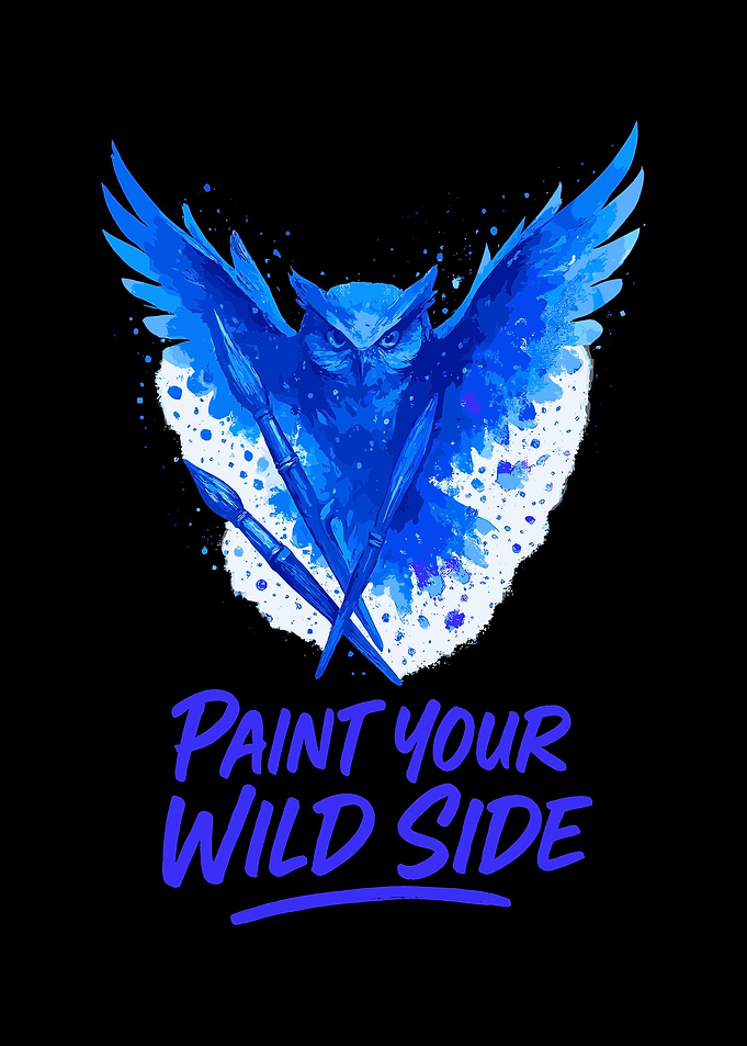 Blue Owl with Paintbrushes Illustration