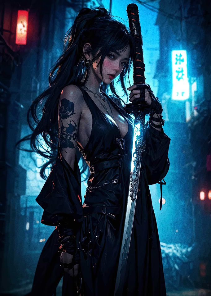 Cyberpunk Warrior with Katana in Alley