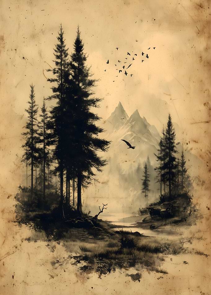 Vintage Forest Landscape with Birds