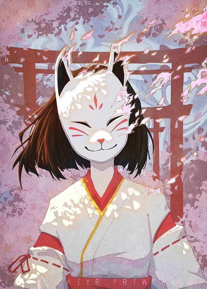 Anime Girl with Kitsune Mask