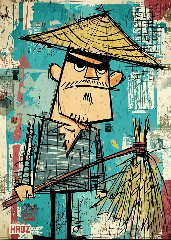 Asian Cartoon Man with Broom and Straw Hat