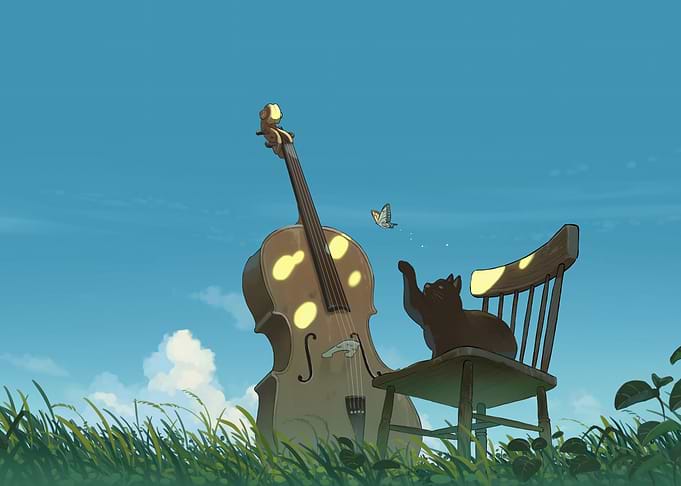 Cat, Cello, and Butterfly in Meadow
