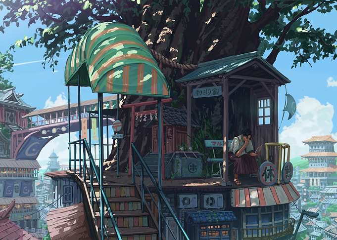 Japanese Town Under a Giant Tree