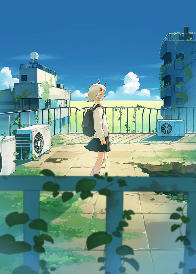Anime Girl on Rooftop Overlooking City