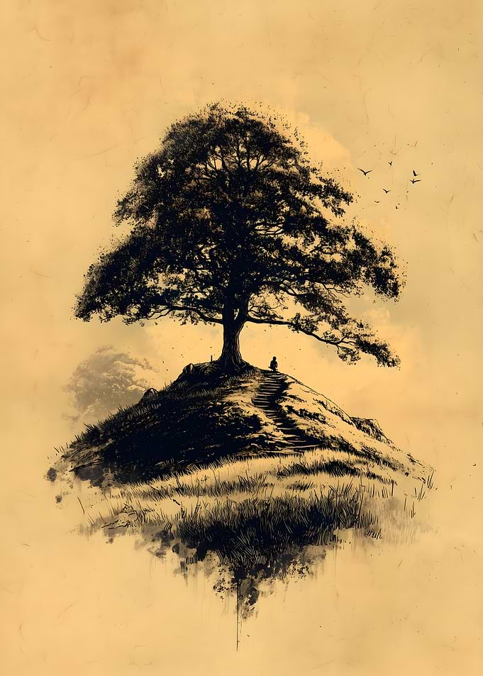 Solitary Tree on Hill Illustration