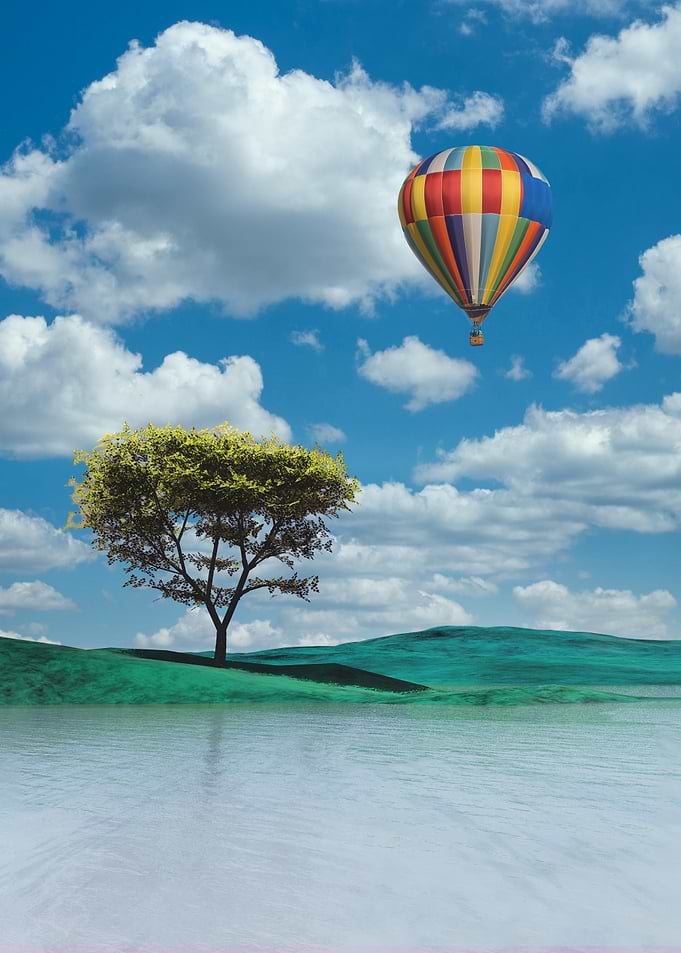 Hot Air Balloon Over Green Landscape