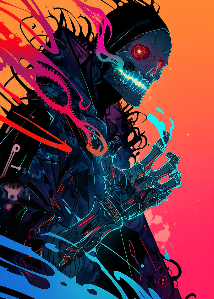 Cyberpunk Skeleton Mage with Neon Flames
