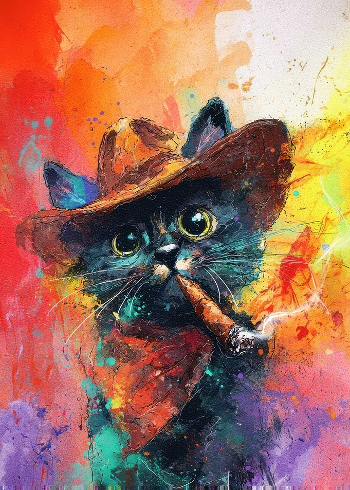 Cat Cowboy Smoking Cigar Colorful Art