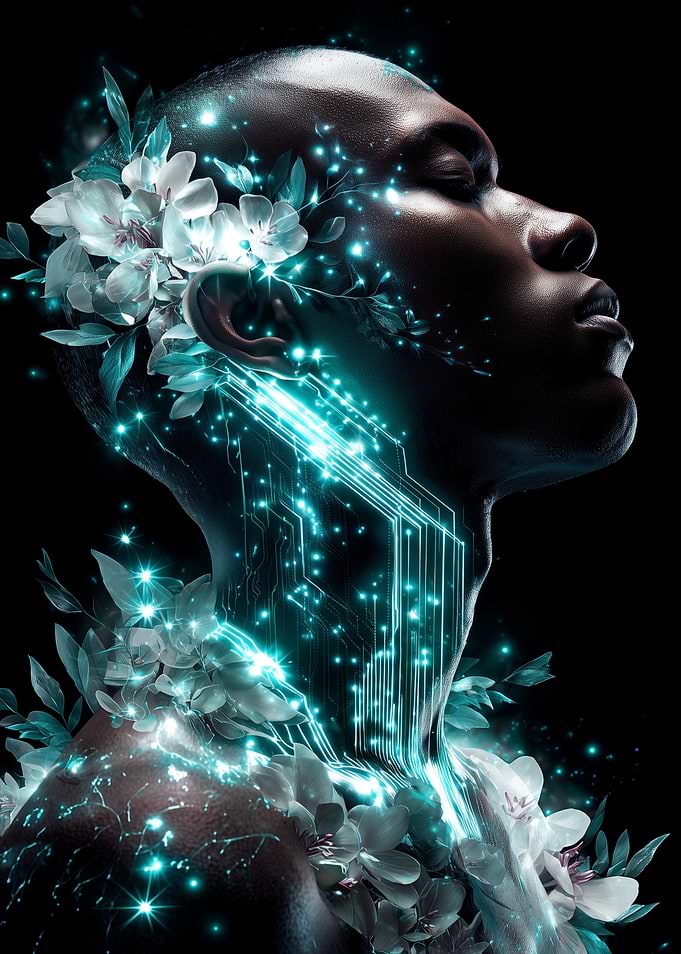 Cybernetic Portrait with Floral Accents
