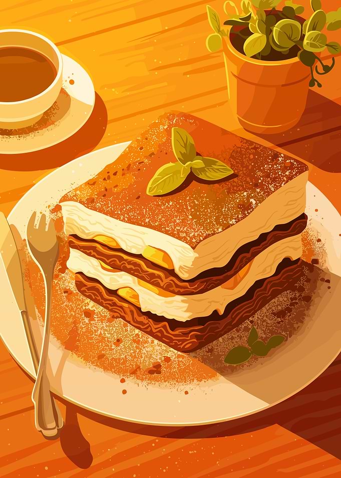 Lasagna with basil and coffee