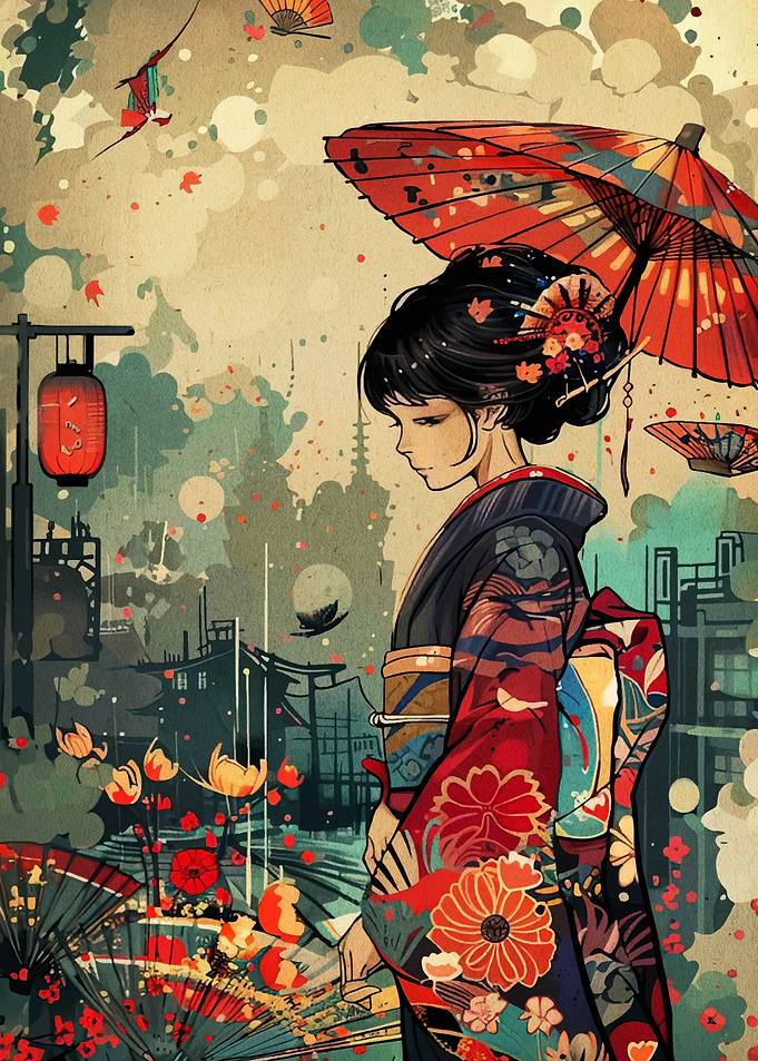 Japanese Woman with Umbrella Digital Art