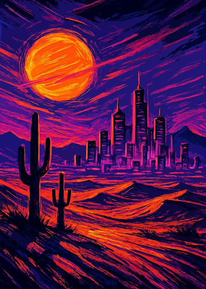 Desert Cityscape with Cacti and Sun