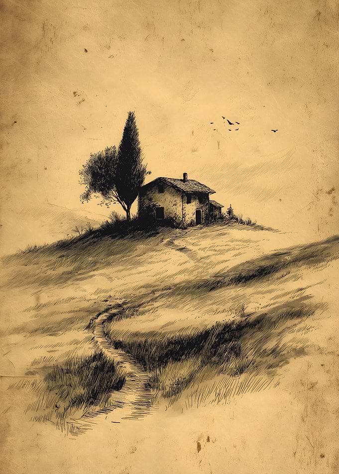Rural House on a Hill Drawing