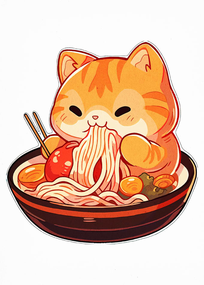 Cute Cat Eating Ramen Illustration