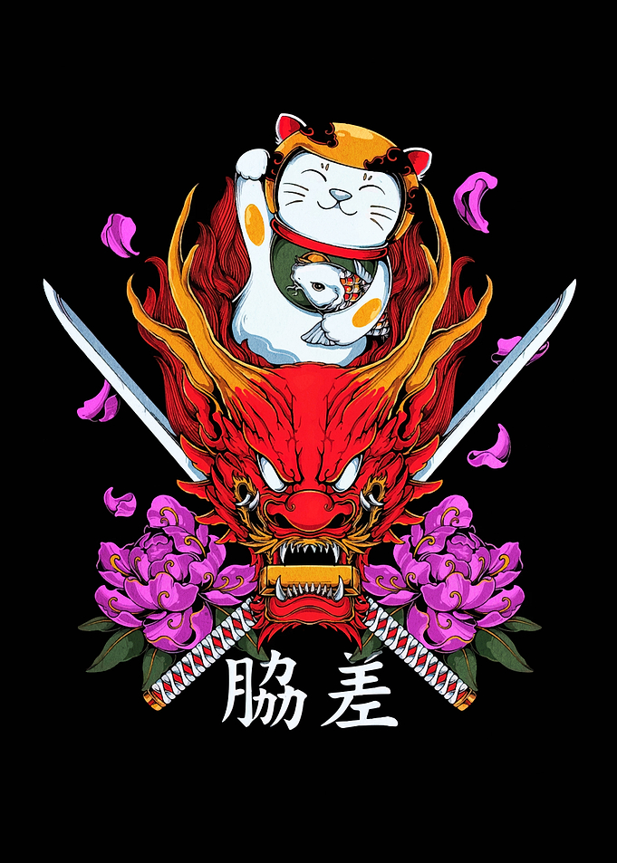 Maneki Neko and Dragon Illustration
