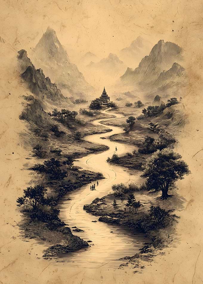 Monochrome Landscape with River and Temple