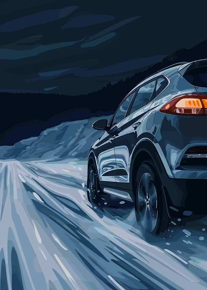 Car on Snowy Road at Night
