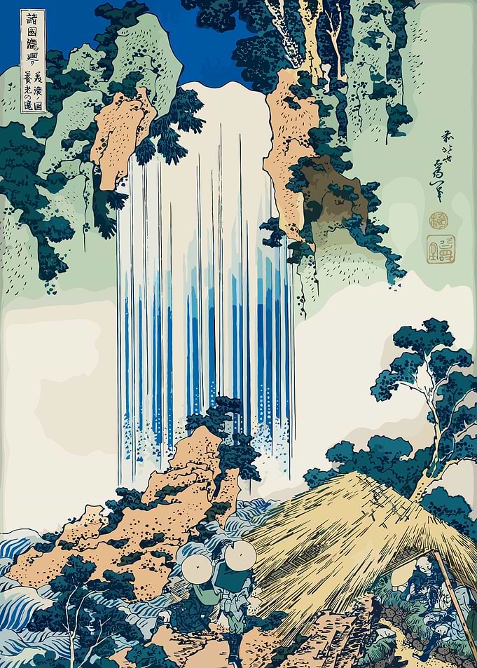 Japanese Woodblock Print with Waterfall and Figures