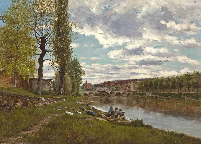 Riverbank Scene with Women Washing Clothes