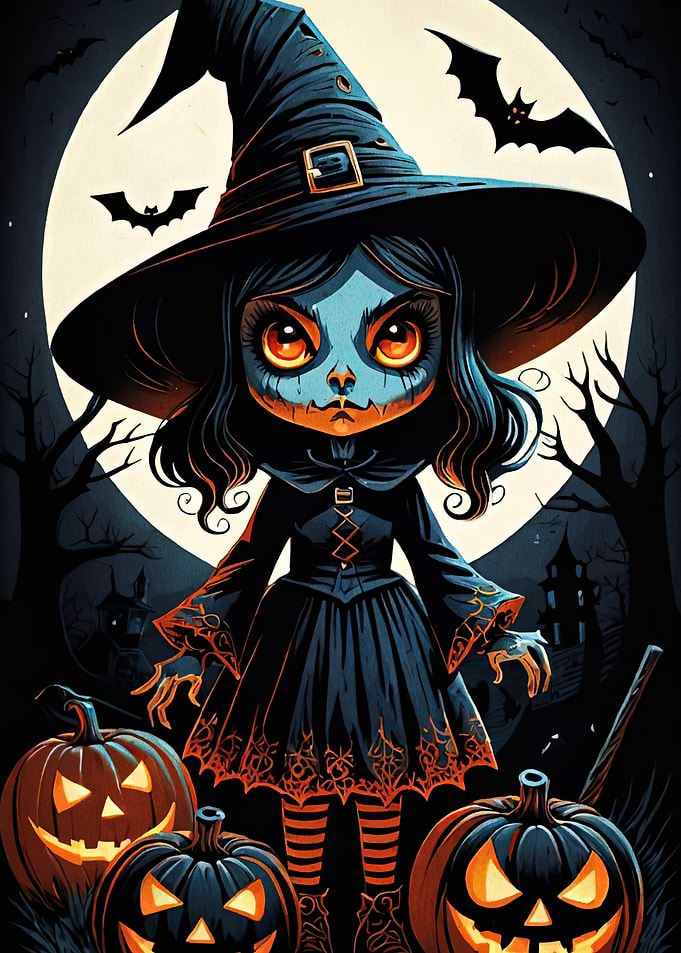 Halloween Witch with Pumpkins and Bats