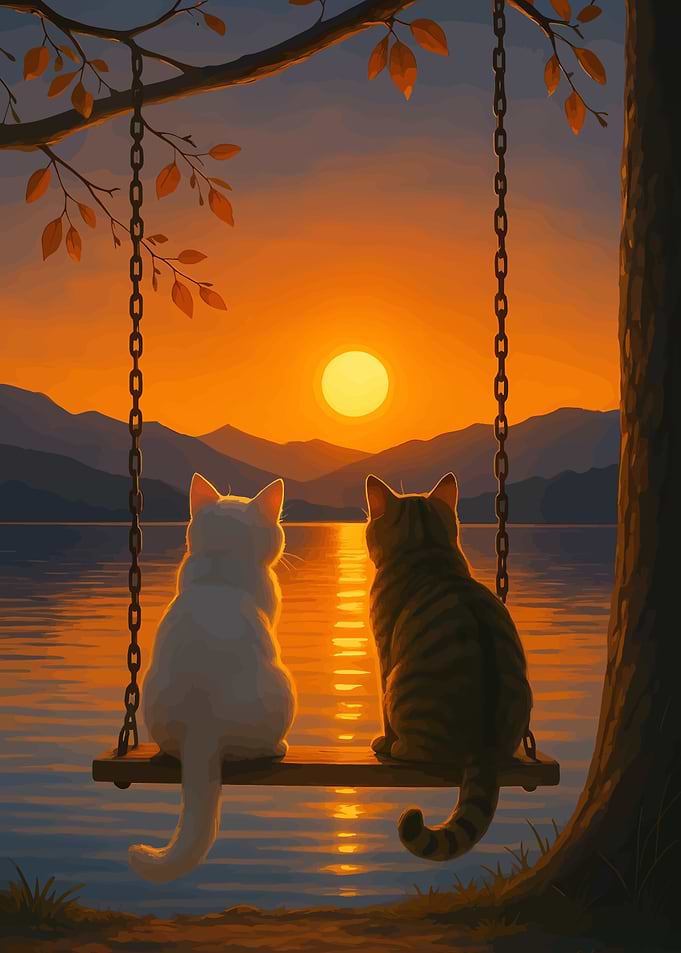 Cats on a swing at sunset