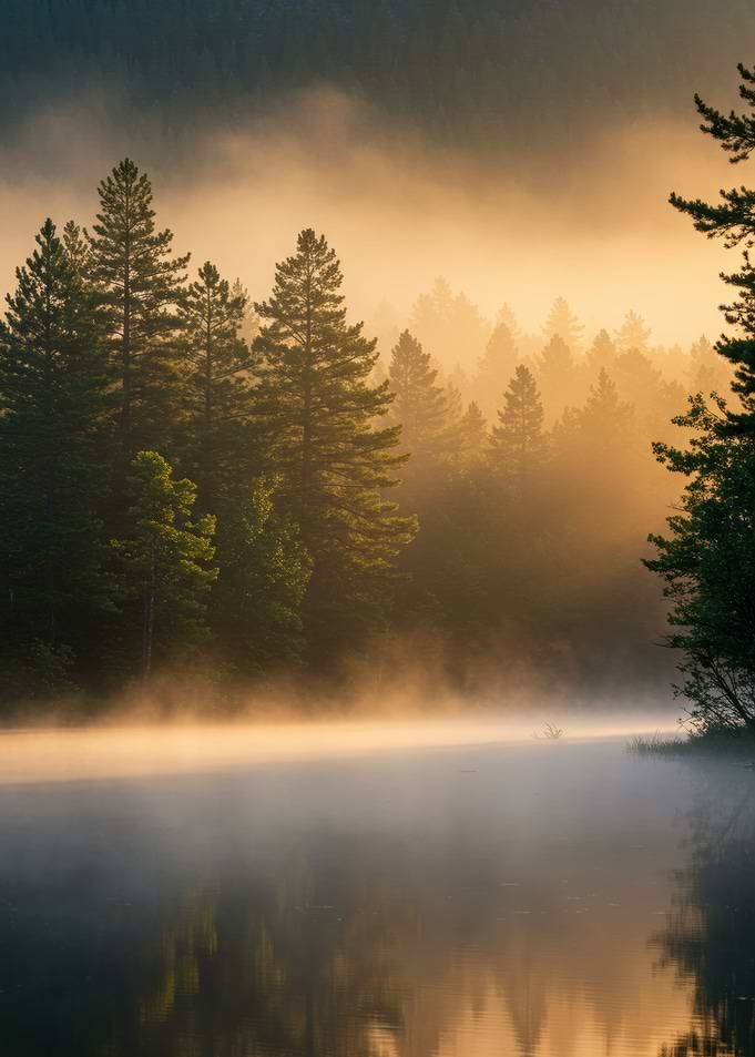Sunrise Misty Forest Lake