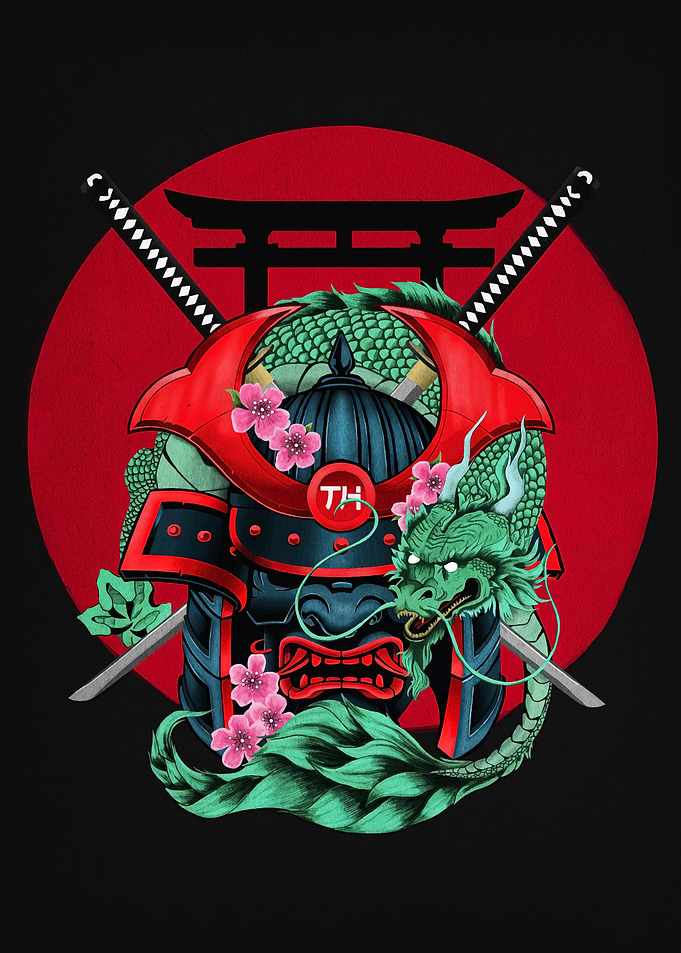 Samurai Helmet with Dragon and Swords