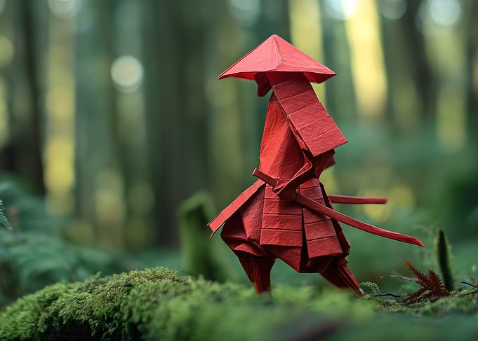 Red Origami Samurai in Forest