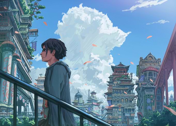 Anime-style cityscape with a male character
