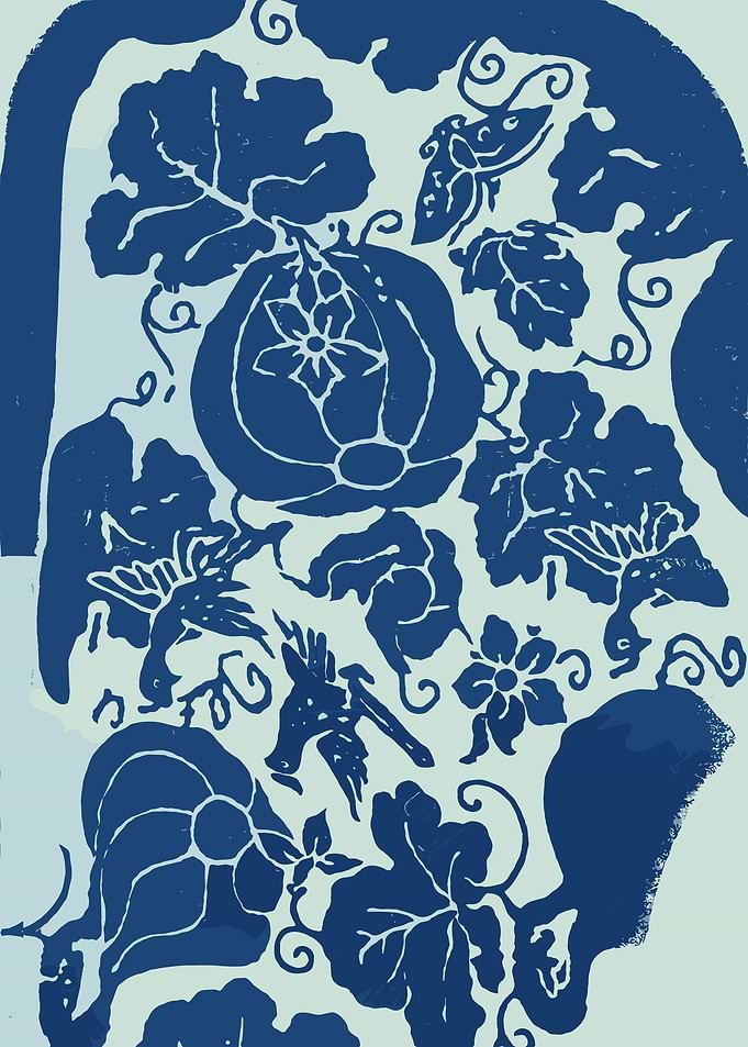 Blue Floral and Bird Pattern