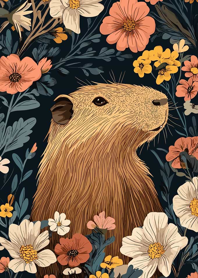 Capybara in Floral Garden Illustration
