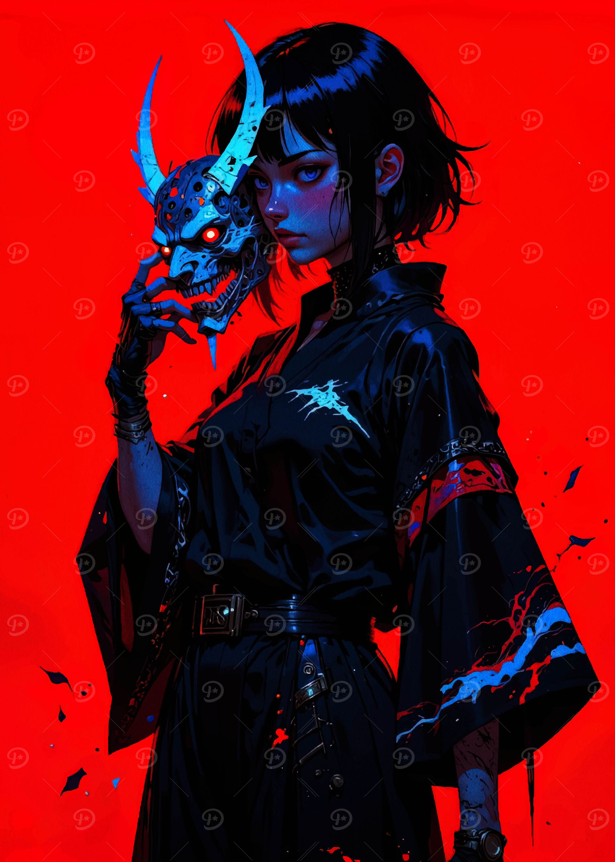 Cyberpunk Girl with Oni Mask
