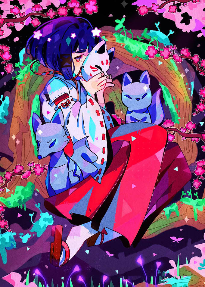 Anime Girl with Fox Mask and Foxes
