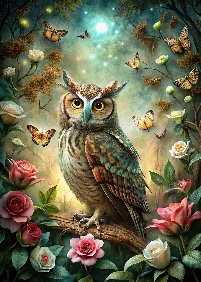 Owl in Enchanted Forest with Butterflies
