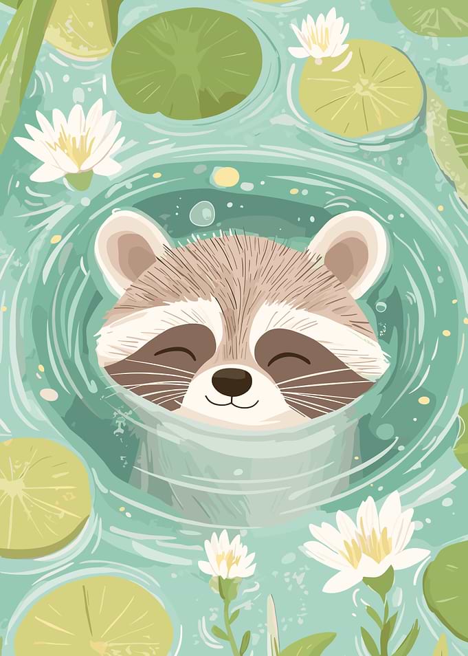 Relaxing Raccoon in Lily Pond Illustration