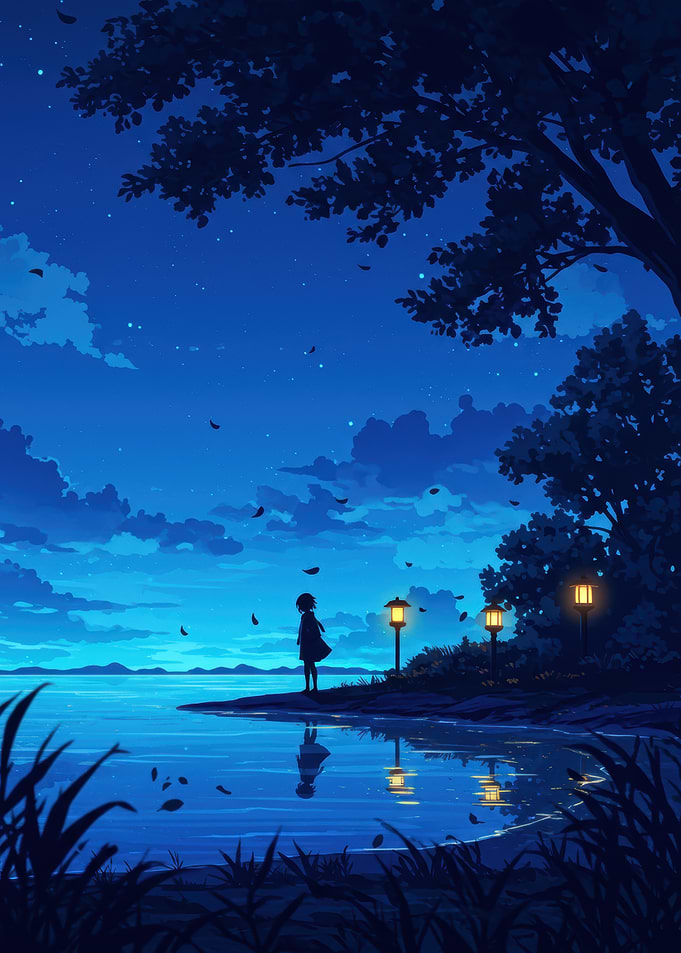 Nighttime Lakeside Anime Scene