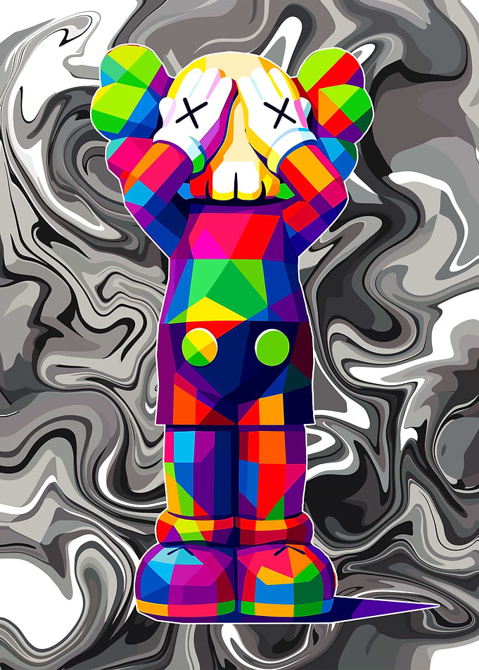 Colorful KAWS Figure with Abstract Background