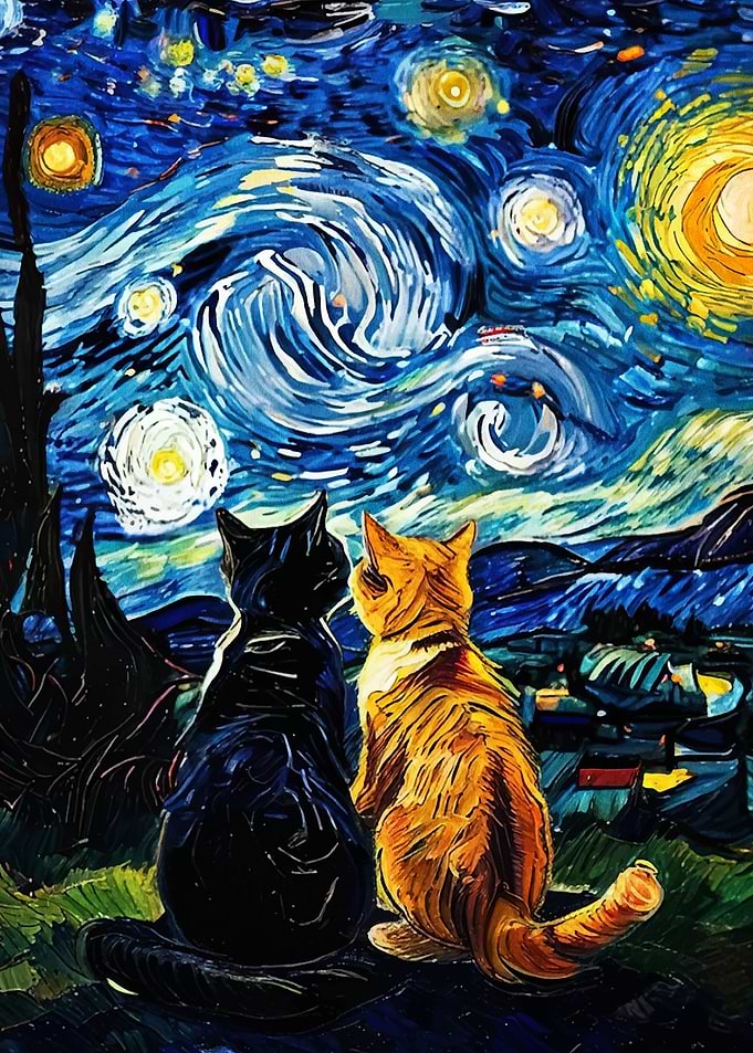 Cats under Starry Night painting