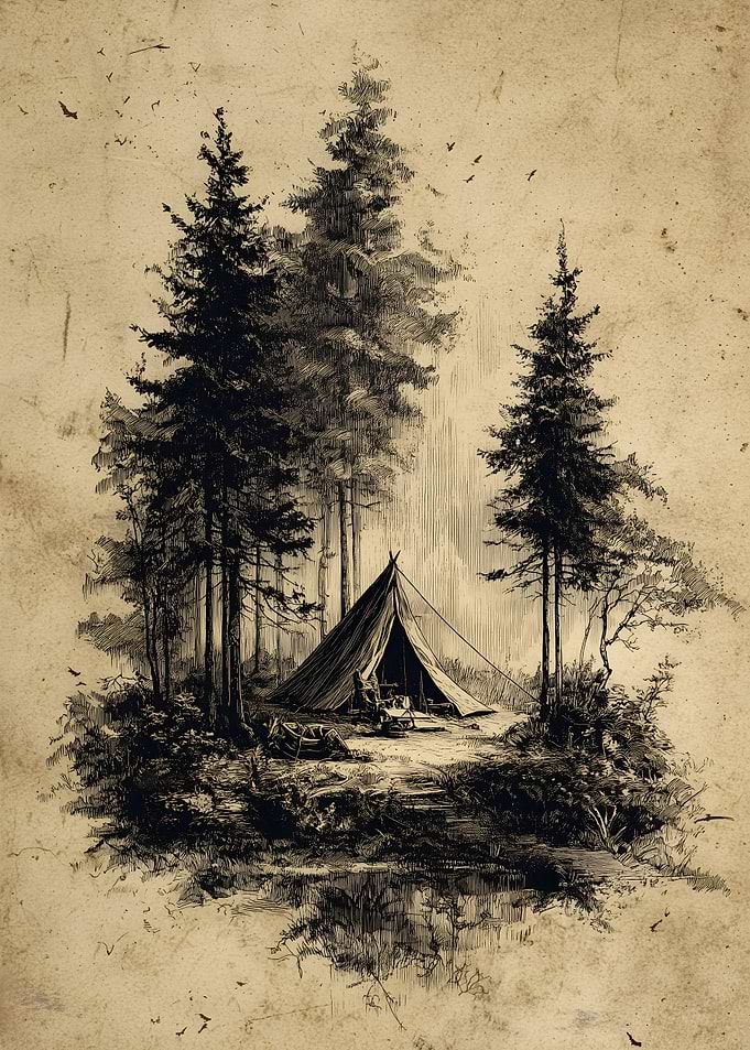Vintage Camping Scene in Forest